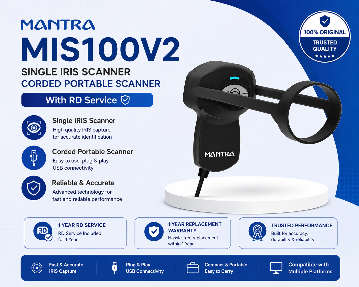 Mantra MIS100V2 Single IRIS Scanner Corded Portable Scanner with RD Service